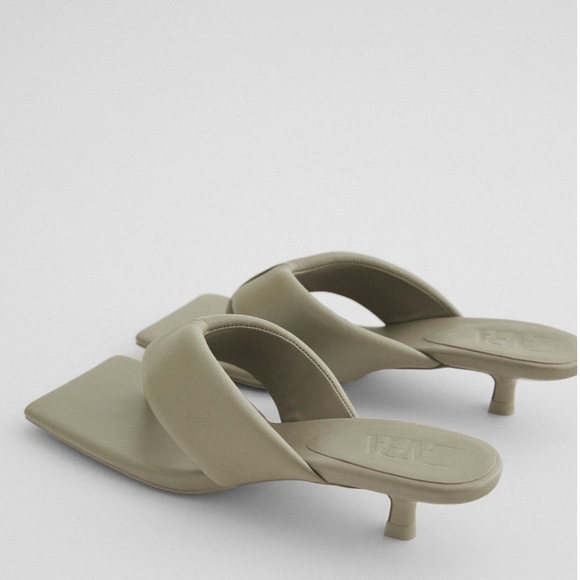 ZARA Quilted Leather Kitten Heels Sandals Green - Picture 4 of 4